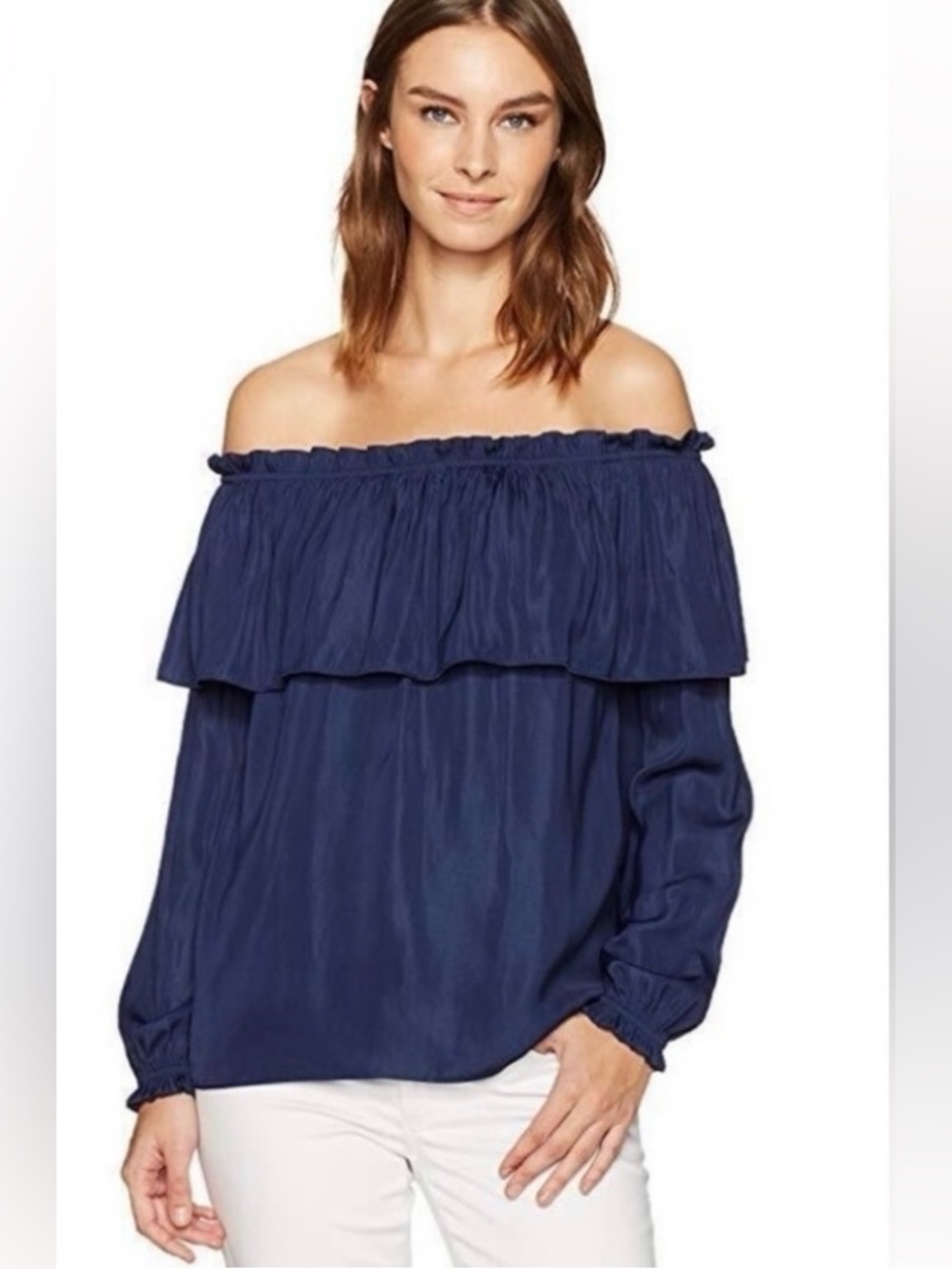 Lily Pulitzer Off-the-Shoulder Navy Ruffle Blouse L
